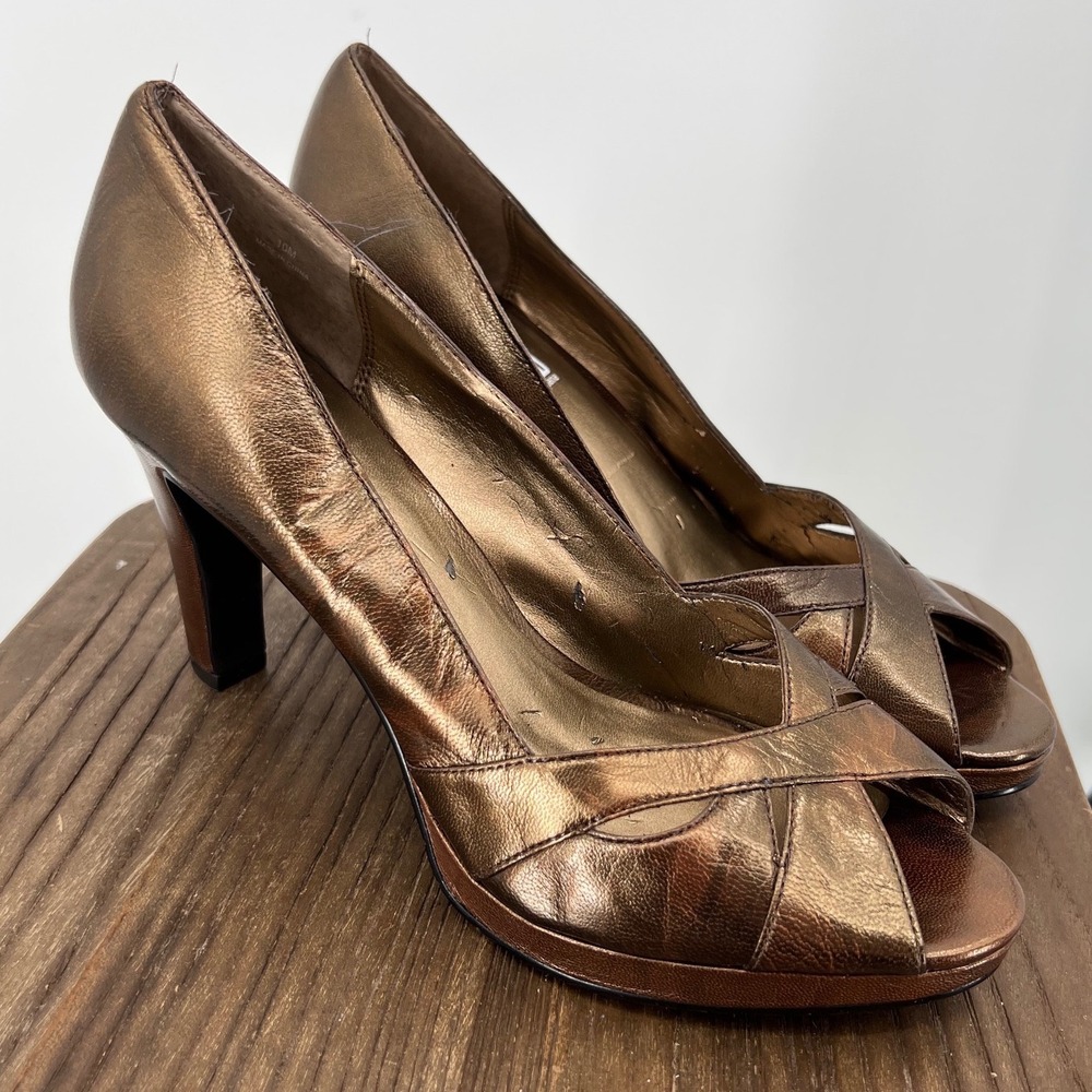 Moda Spana Metallic Bronze Peep Toe Platform Pumps Heels Womens Size‎ 10M